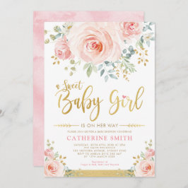 Sweet Baby Girl Blush Pink Gold Floral Baby Dusche Einladung