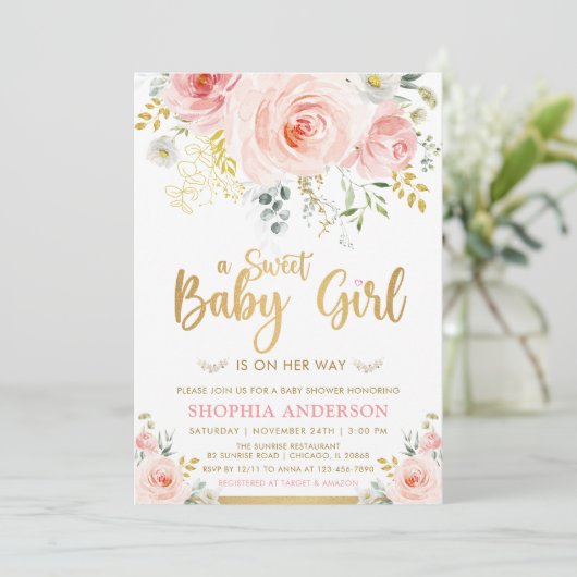 Sweet Baby Girl Blush Pink Gold Floral Baby Dusche Einladung (Stehend Vorderseite)