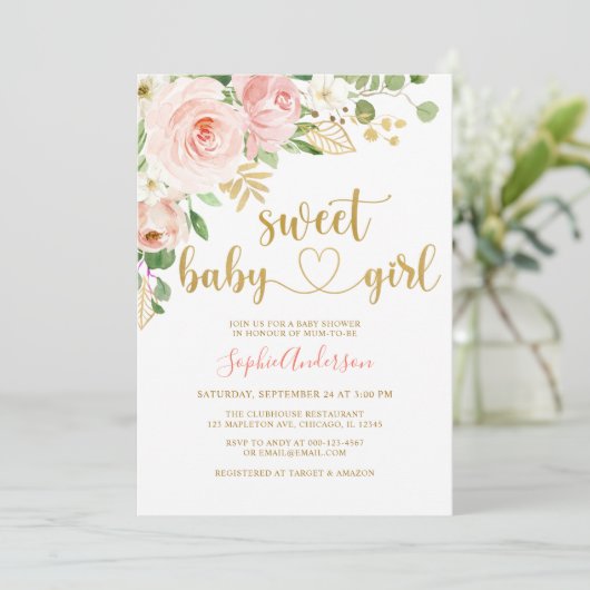 Sweet Baby Girl Blush Rose Gold Floral Baby Dusche Einladung (Stehend Vorderseite)