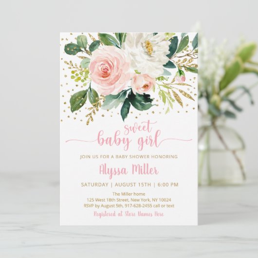 Sweet Baby Girl Boho Floral Pink Gold Baby Dusche Einladung (Stehend Vorderseite)