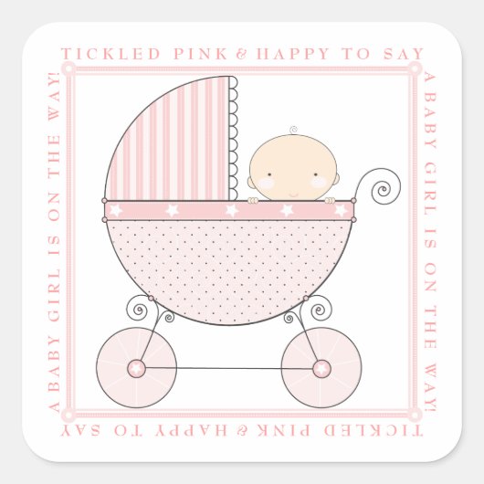 Sweet Baby Girl Carriage Baby Dusche in Pink Quadratischer Aufkleber (Vorderseite)