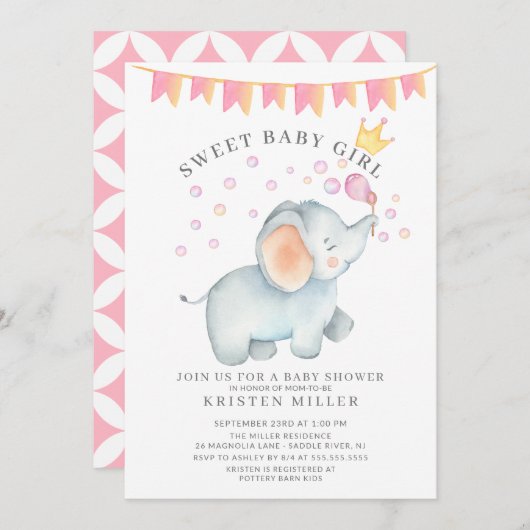 Sweet Baby Girl Elephant Baby Shower Einladung (Vorne/Hinten)