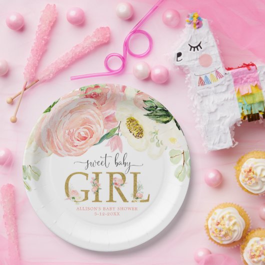Sweet baby Girl errötet pinkfarbene Blütendusche Pappteller (Party)