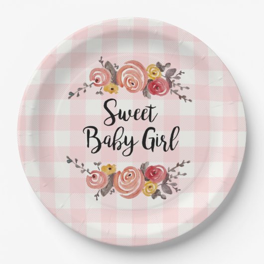 Sweet Baby Girl Gingham Baby Shower Pappteller (Vorderseite)