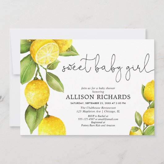 Sweet baby Girl lemon Aquarellmädchen Dusche Einladung (Vorderseite)