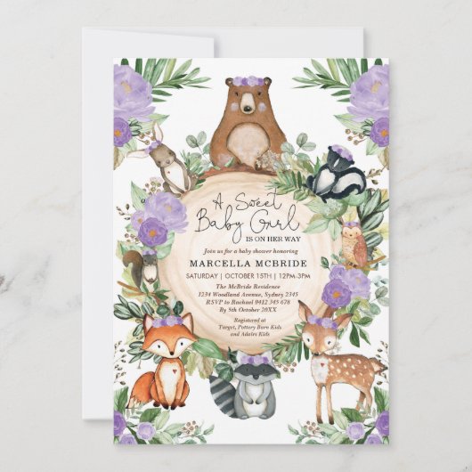 Sweet Baby Girl Lila Floral Woodland Dusche Einladung (Vorderseite)