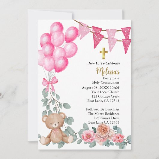 Sweet Baby Girl Pink Balloon Erste heilige Kommune Einladung (Vorderseite)