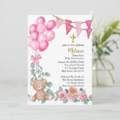 Sweet Baby Girl Pink Balloon Erste heilige Kommune Einladung (Stehend Vorderseite)