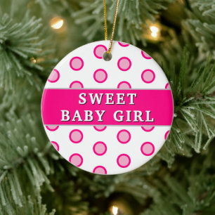 Sweet Baby Girl Pink Polka Dots Birth Stats Keramik Ornament