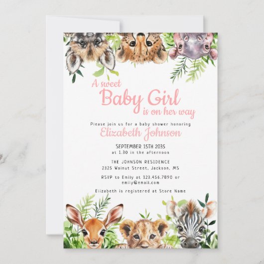 Sweet Baby Girl Safari Animals Baby Dusche Einladung (Vorderseite)