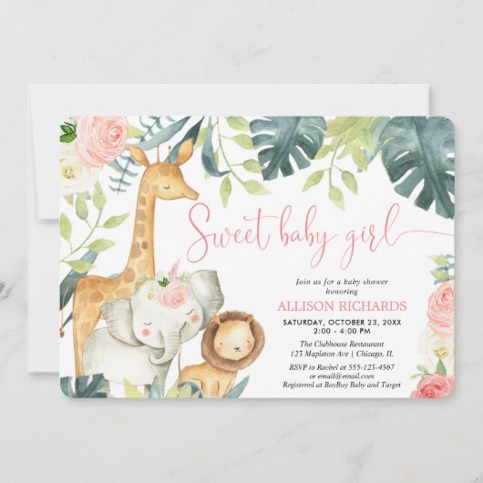 Sweet baby girl Safari Dschungeltiere Baby Dusche Einladung (Vorderseite)