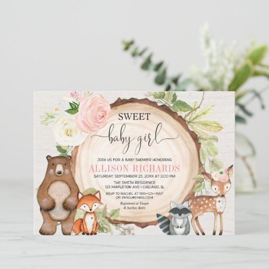 Sweet baby girl woodland niedliche Tiere Babydusch Einladung (Stehend Vorderseite)
