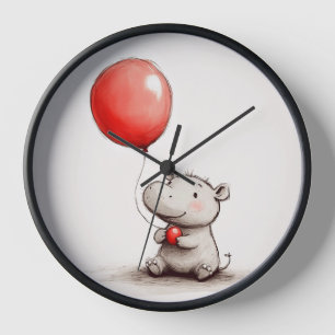 Sweet Baby Hippo mit Red Balloon Wall Clock Uhr