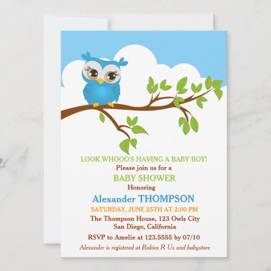 Sweet Baby Owl Boy Babydusche Einladung (Vorderseite)