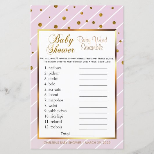 Sweet Baby Pink & Gold Baby Dusche - Word Scramble (Vorderseite)
