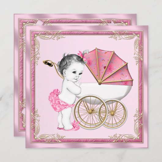 Sweet Baby Pram Pink und Gold Baby Girl Dusche Einladung (Vorne/Hinten)