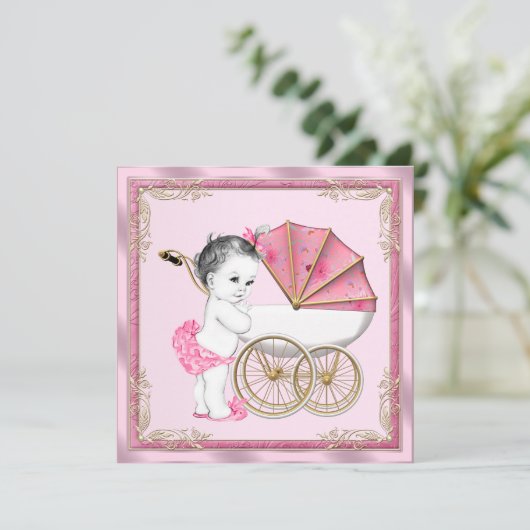 Sweet Baby Pram Pink und Gold Baby Girl Dusche Einladung (Stehend Vorderseite)