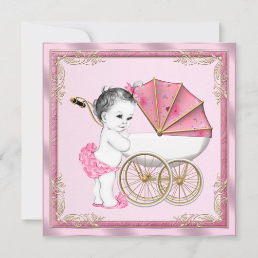 Sweet Baby Pram Pink und Gold Baby Girl Dusche Einladung (Vorderseite)