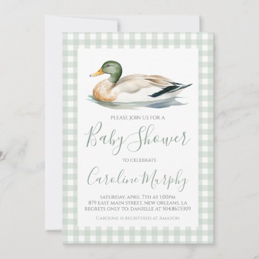 Sweet Baby Shower Mallard Duck Green Gingham Einladung (Vorderseite)