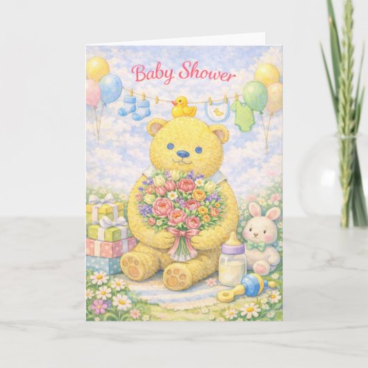 Sweet Baby Shower – Teddy Bear with Bouquet Karte (Vorderseite)