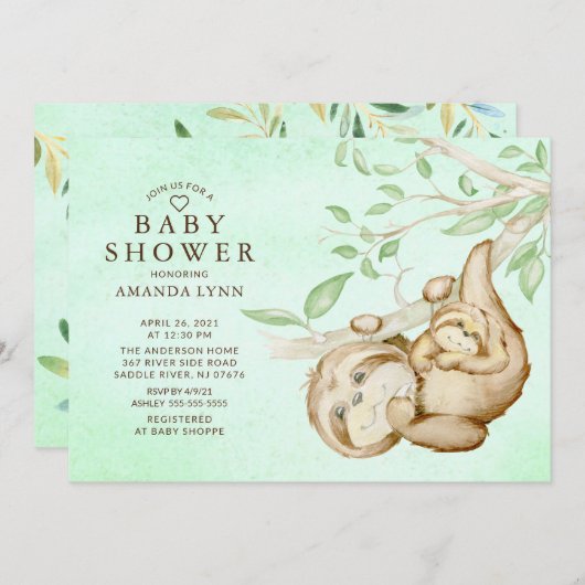 Sweet Baby Sloth Neutral Baby Dusche Einladung (Vorne/Hinten)