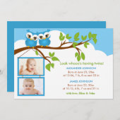 Sweet Baby Twins Owl Boy Foto Geburtsankündigung Ankündigung (Vorne/Hinten)