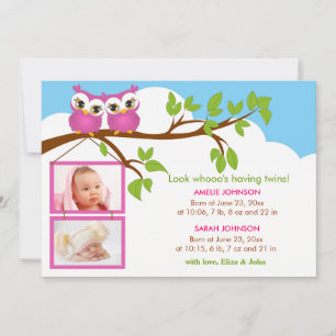 Sweet Baby Twins Owl Girl Foto Geburtsankündigung Ankündigung