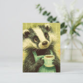 Sweet Badger mit einer Tasse Kaffee Postkarte (Stehend Vorderseite)