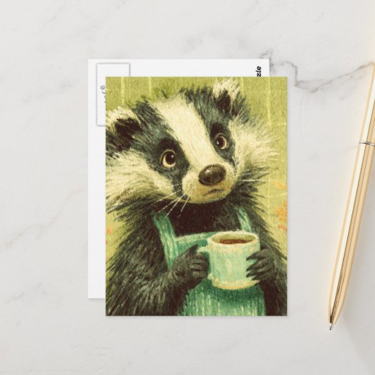 Sweet Badger mit einer Tasse Kaffee Postkarte (Vorderseite/Rückseite Beispiel)