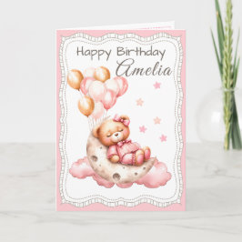 Sweet Bear on the Moon Birthday Card for Girl Karte