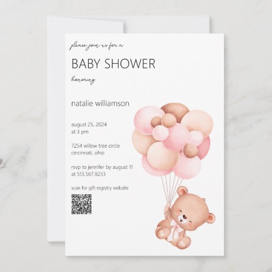 Sweet Bear with Balloons Baby Shower QR Code Einladung (Vorderseite)