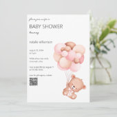 Sweet Bear with Balloons Baby Shower QR Code Einladung (Stehend Vorderseite)