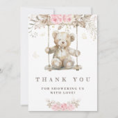 Sweet Beige Wasserfarbe Teddy Bär Pink Flora Dankeskarte (Vorderseite)