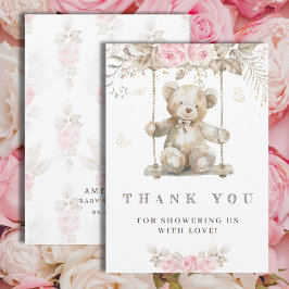 Sweet Beige Wasserfarbe Teddy Bär Pink Flora Dankeskarte