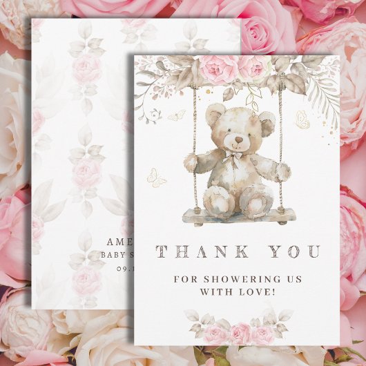 Sweet Beige Wasserfarbe Teddy Bär Pink Flora Dankeskarte