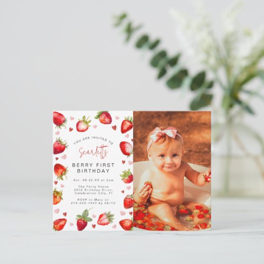 Sweet Berry First Birthday Foto Party Postkarte (Stehend Vorderseite)
