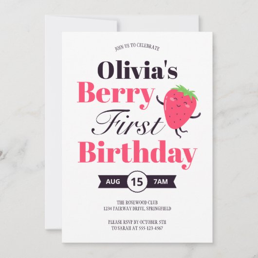 Sweet Berry First Strawberry Birthday Party Einladung (Vorderseite)