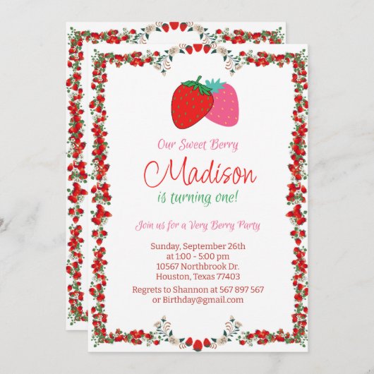 Sweet Berry Strawberry Einladung zum Geburtstag (Vorne/Hinten)