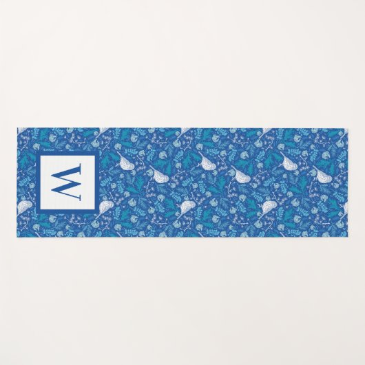Sweet Bird Blue Botanical Pattern Monogram Yogamatte (Vorderseite (Horizontal))