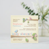 Sweet Birdie Pink & Blue Baby Einladung (Stehend Vorderseite)