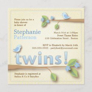 Sweet Birdie Twin Boys Blue Baby Einladung