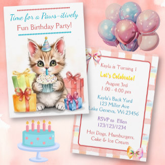 Sweet Birthday Kitten farbenfroh Einladung