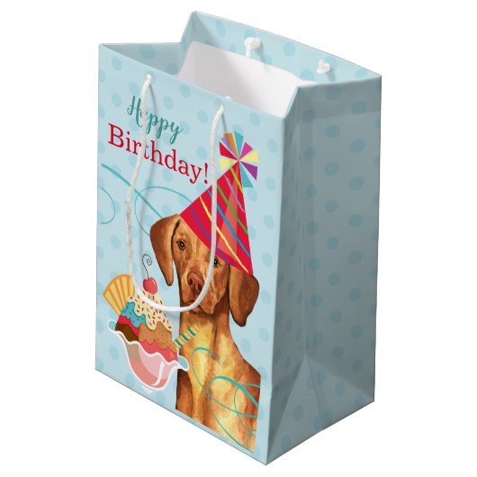 Sweet Birthday Vizsla Mittlere Geschenktasche Mittlere Geschenktüte (Rückseite Schrägansicht)