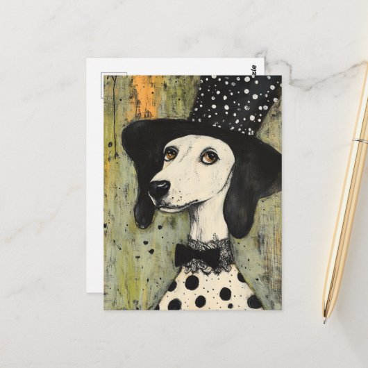 Sweet Black and White Polka Hund in Tophat Postkarte (Vorderseite/Rückseite Beispiel)