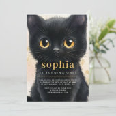 Sweet Black Cat Erste Geburtstagsparty Einladung (Stehend Vorderseite)