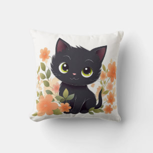 Sweet Black Kitten mit Blume Kawaii Chibi Kissen