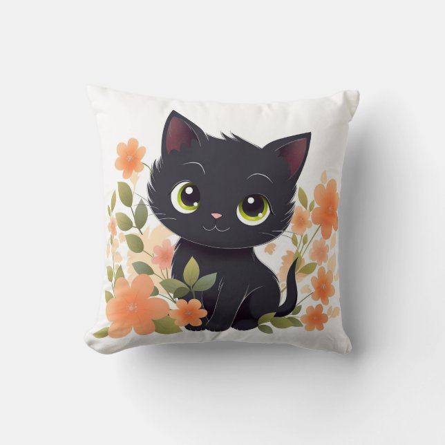 Sweet Black Kitten mit Blume Kawaii Chibi Kissen (Vorderseite)