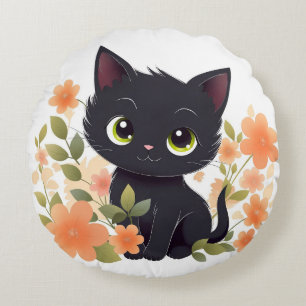 Sweet Black Kitten mit Blume Kawaii Chibi Rundes Kissen