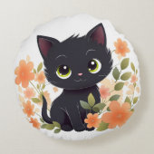 Sweet Black Kitten mit Blume Kawaii Chibi Rundes Kissen (Rückseite)