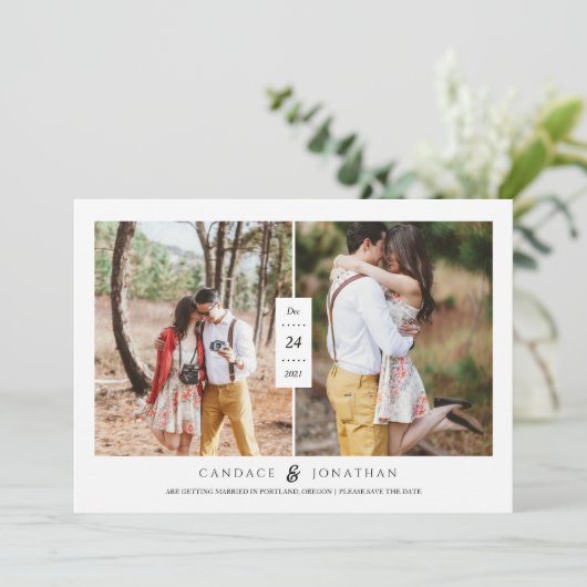 Sweet Black & White Dots Save the Date mit zwei Fo Einladung (Stehend Vorderseite)